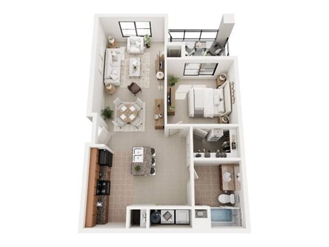 Floor plan for 1 bed, 1 bath, 743 sqft